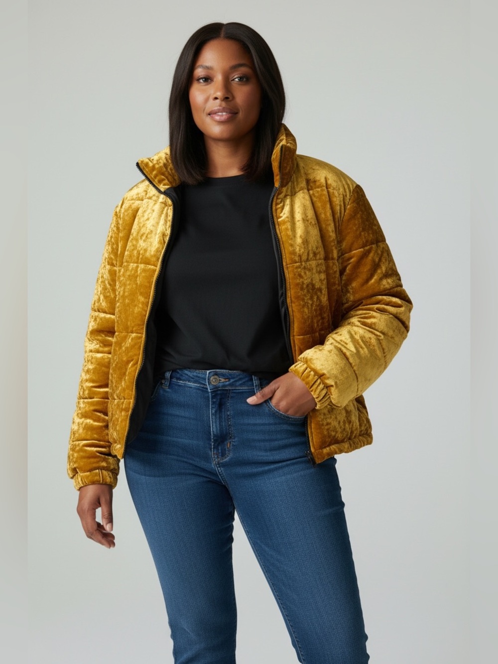 Fashion Nova Velvet Quilted Puffer Jacket - Mustard